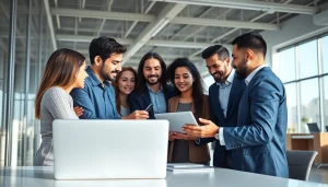 Business professionals collaborating on 1cplatform digital solutions in a modern office.