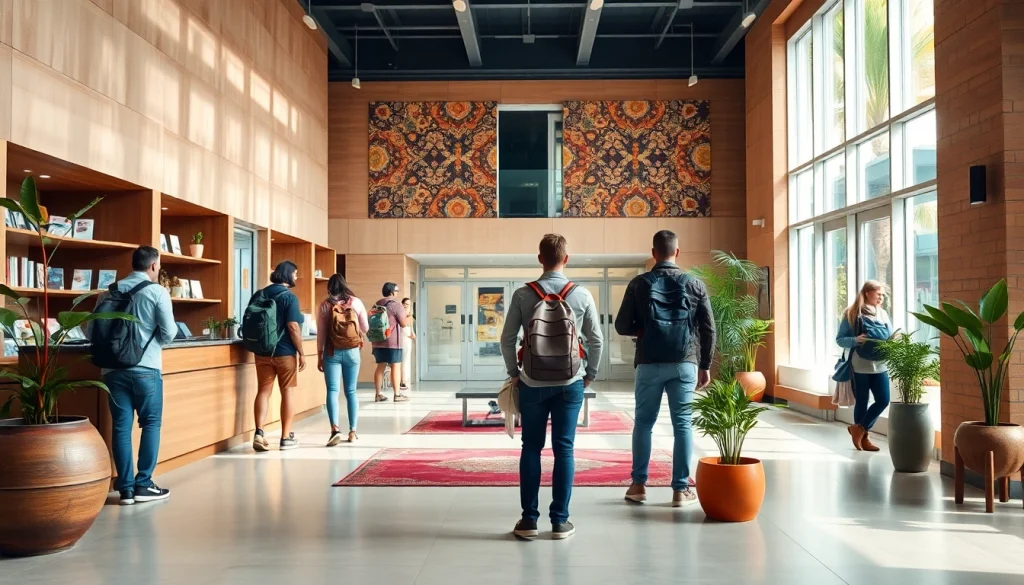 A cheerful hostel check-in area guaranteeing the lowest rate for hostels, welcoming backpackers and travelers.