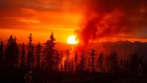 Illustrating wildfire events in a dramatic scene with firefighters combating flames amidst a smoky forest.