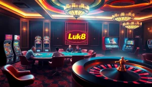 Engaging casino scene featuring luck8 trang chủ elements with poker, roulette, and vibrant slot machines.