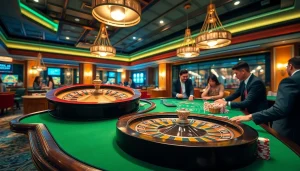 Engaged players experiencing the excitement of gambling at https://rr88.navy/ casino with a roulette wheel and poker table.