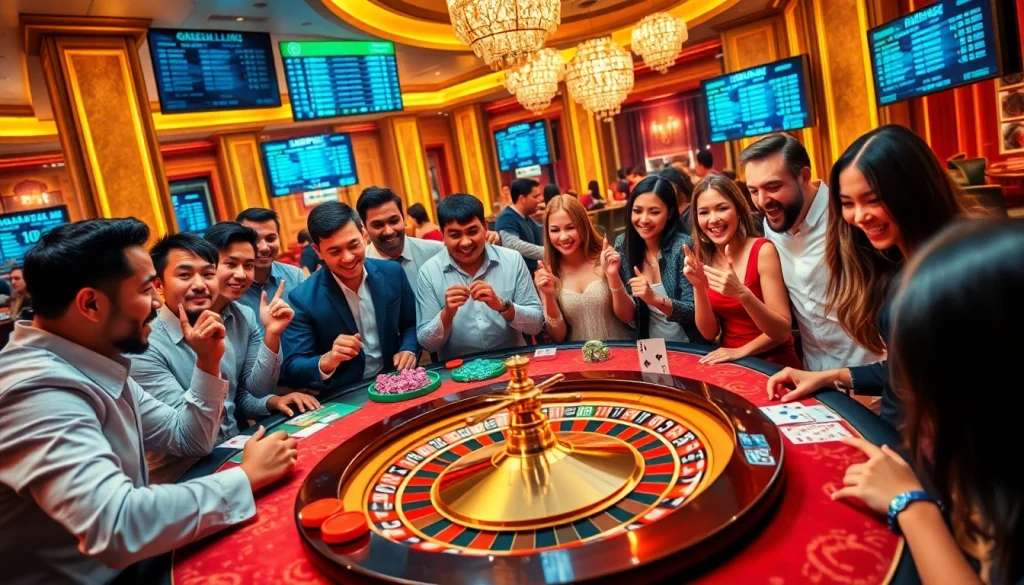 BJ38 players strategizing bets at a luxurious casino table with vibrant chips and cards.
