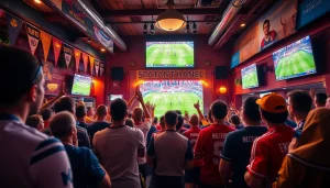 مشجعون متحمسون يستمتعون بمشاهدة مباراة كورة لايف في أجواء بار رياضية نابضة بالحياة.