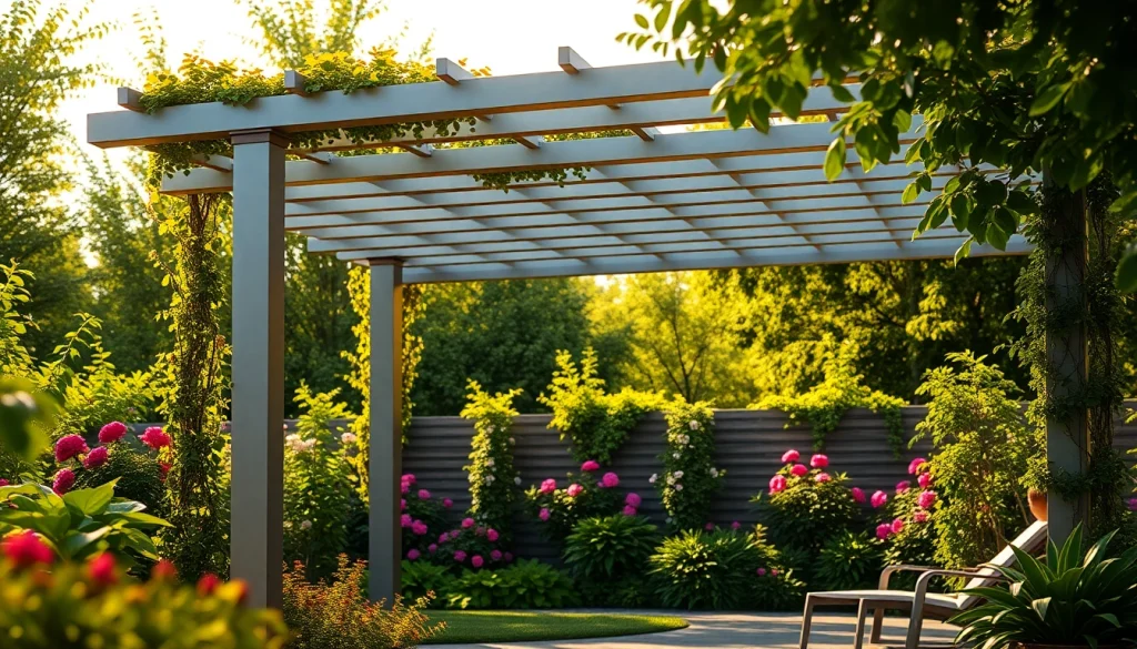 Enhance your outdoor space with a modern steel pergola, elegantly designed in a tranquil garden.