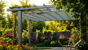 Enhance your outdoor space with a modern steel pergola, elegantly designed in a tranquil garden.