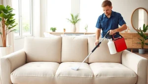 Sofareinigung München mit einem professionellen Reinigungsteam in einem modernen Wohnzimmer