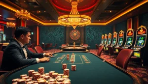 Experience high-stakes gameplay at RR88's luxurious poker table surrounded by vibrant casino elements.