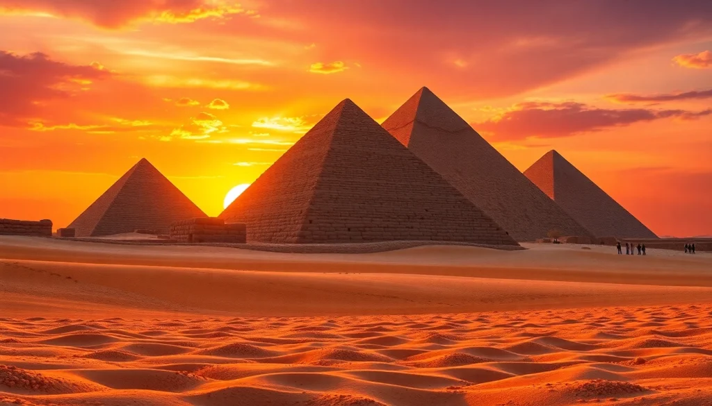 Pyraminds stand against a vibrant sunset, symbolizing ancient wonders and history.