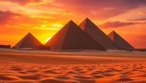 Pyraminds stand against a vibrant sunset, symbolizing ancient wonders and history.