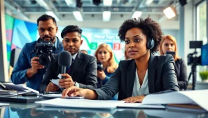Reporters at https://southernmarylandchronicle.com capturing news in a vibrant newsroom, showcasing teamwork.