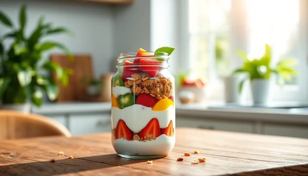 Create a delicious layered breakfast in a mason jar, featuring fruits and yogurt at https://masonjarbreakfast.com.