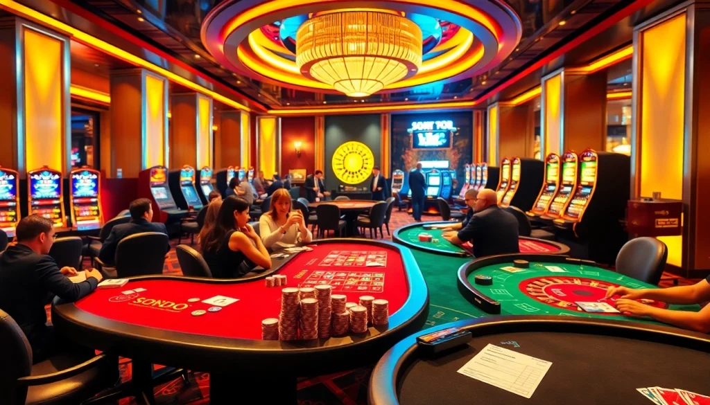 SODO casino scene showcasing players at poker and blackjack tables, vibrant with excitement and color.