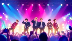 A lively illustration showcasing bts members performing at a vibrant concert with colorful lights.