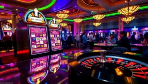 Para pemain merayakan kemenangan besar di mesin slot deposit 1000 di tengah suasana kasino yang ramai.