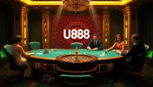 Exciting poker game at U888 casino, showcasing lavish chips and a thrilling atmosphere.