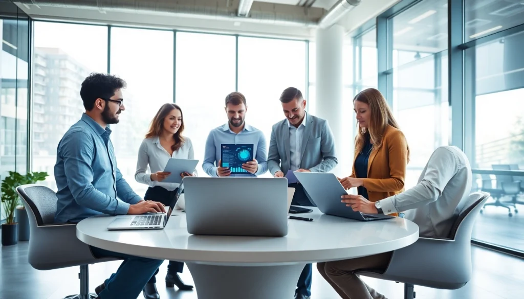 Managed IT provider team collaborating on advanced tech projects in a bright office.