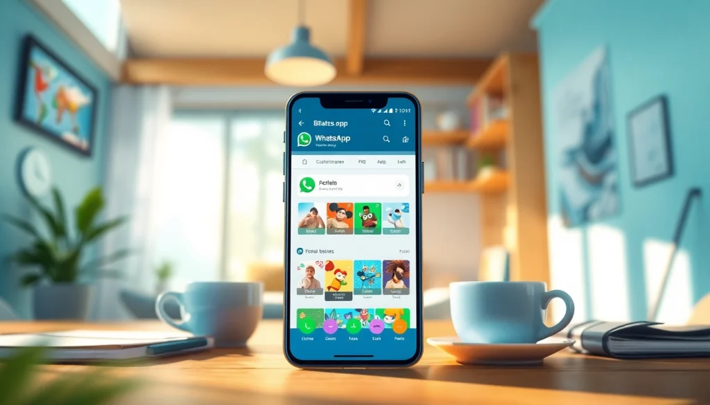 Explore GB WhatsApp features on a smartphone in a vibrant workspace.