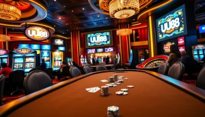 UU88 casino experience with poker chips and vibrant slot machines