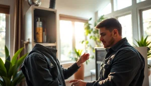 Heating repair south salem technician inspecting HVAC system in a stylish home setting.