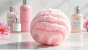 Using a makeup remover loofah for gentle cleansing and skin care.