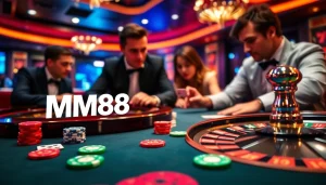 Engaging players enjoying a thrilling MM88 casino experience at an elegant poker table.