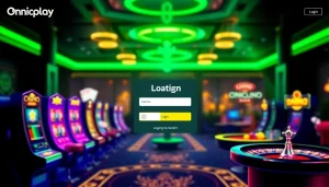 Engage with Onicplay login interface featuring vibrant slot machines and roulette wheels.