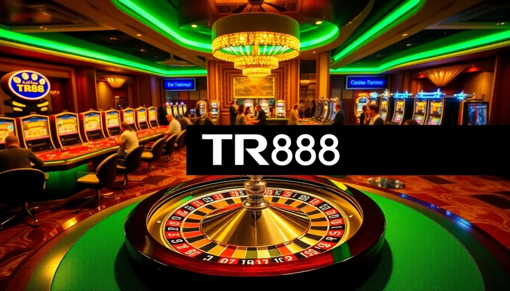 Place your bets at the TR88 casino with bright lights, roulette, and vibrant gaming tables.