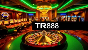 Place your bets at the TR88 casino with bright lights, roulette, and vibrant gaming tables.