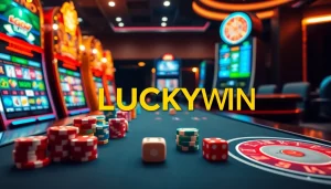 Experience the thrill of gambling at LUCKYWIN with vibrant casino tables, colorful chips, and exciting slot machines.