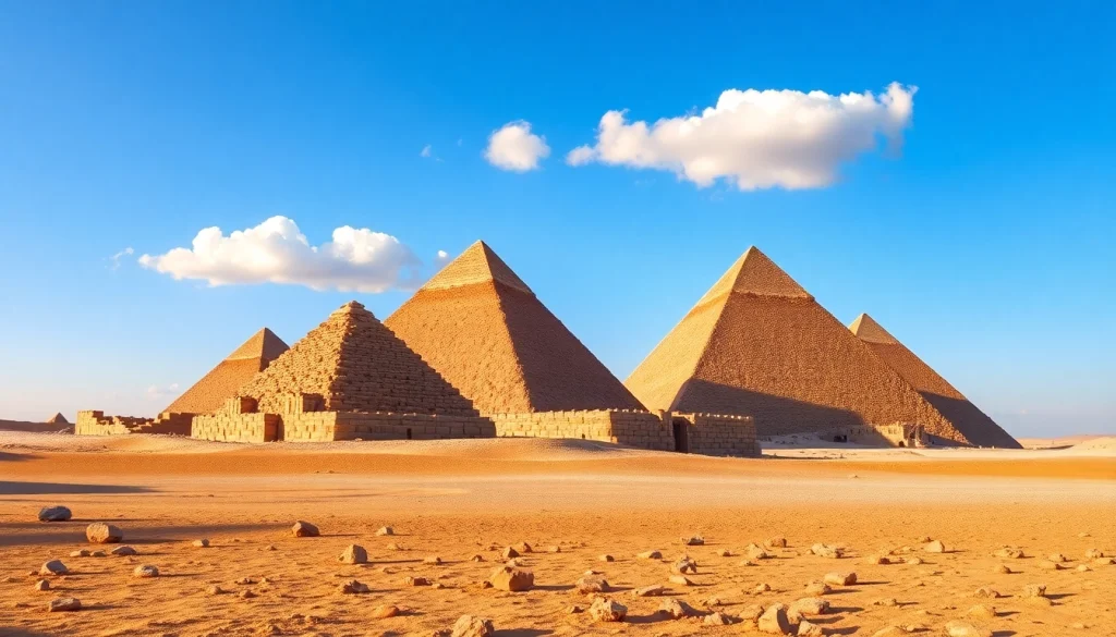 Explore the stunning piraminds of Giza set against a brilliant blue sky in this captivating image.