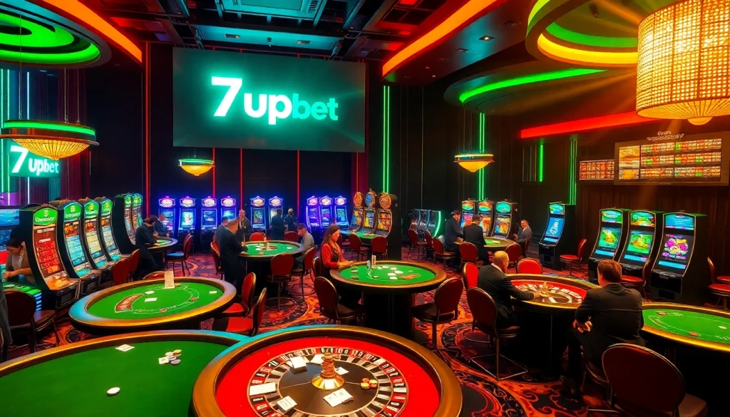 Engaging scene featuring vibrant casino elements with 7upbet branding and players in action.