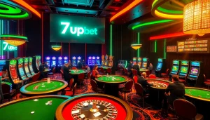 Engaging scene featuring vibrant casino elements with 7upbet branding and players in action.