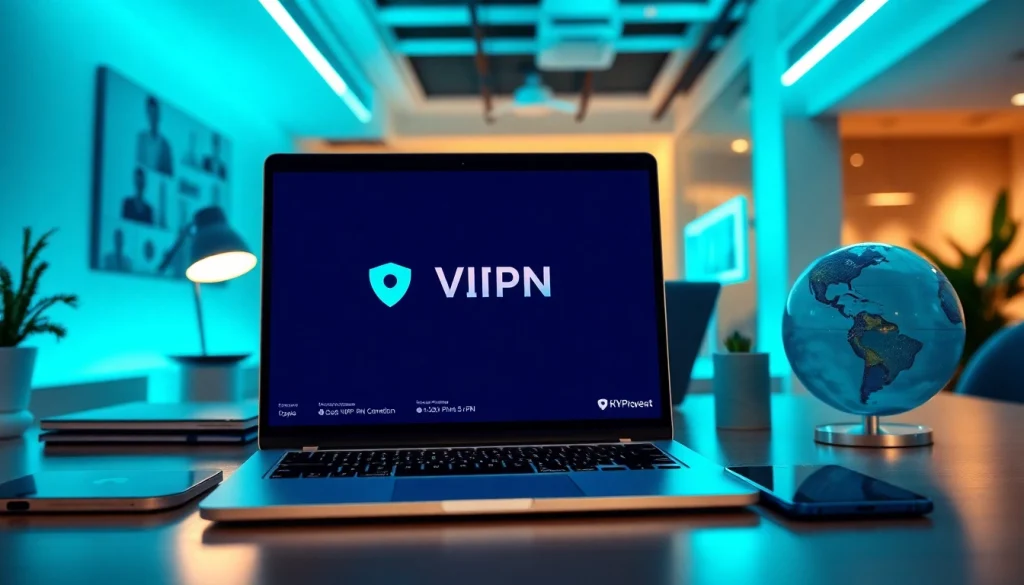 在明亮工作区的现代笔记本电脑上显示的快连VPN用户界面。