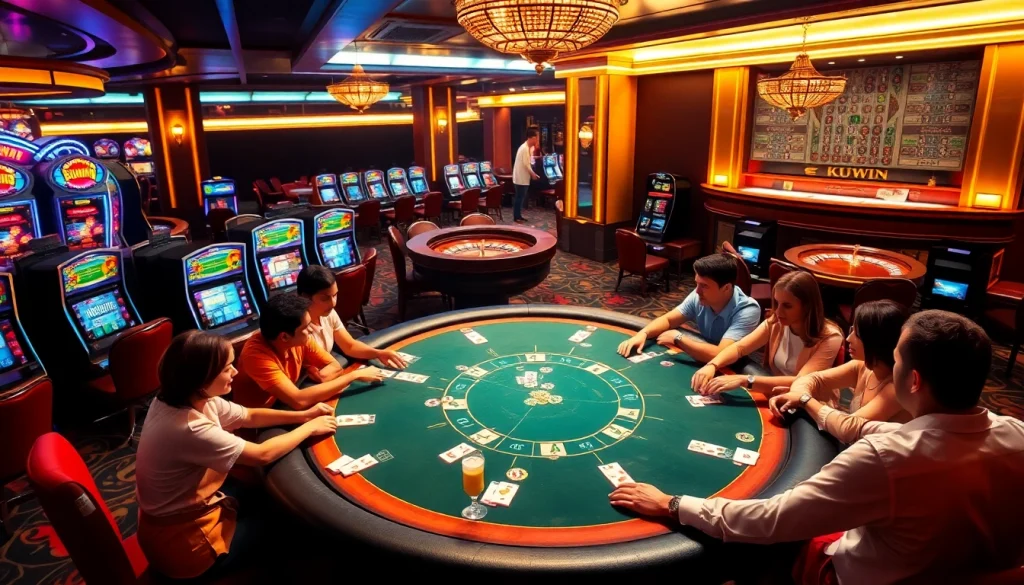 KUWIN casino scene featuring an exciting poker table and vibrant slot machines.