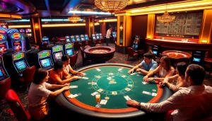 KUWIN casino scene featuring an exciting poker table and vibrant slot machines.