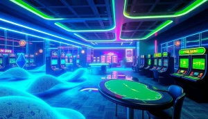 Best crypto casinos showcase vibrant digital currency symbols within a futuristic casino setting.