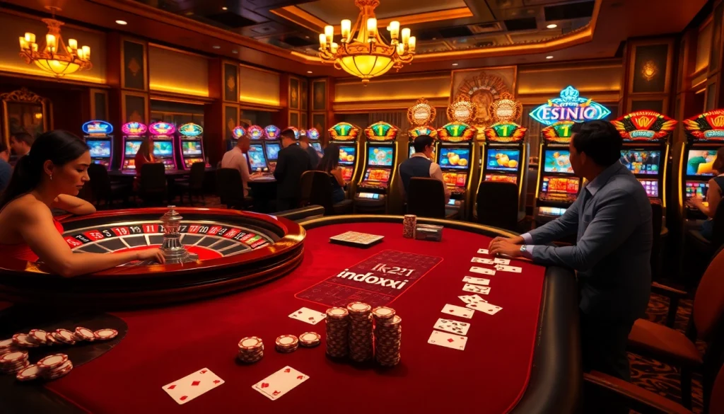 Engage with lk21 indoxxi in a vibrant casino scene featuring poker chips, roulette, and players.