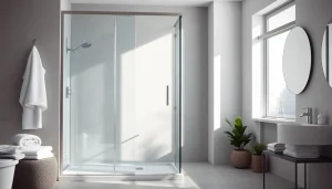 Duschkabine 90x90 in einem modernen Badezimmer mit eleganten Details und natürlichem Licht.