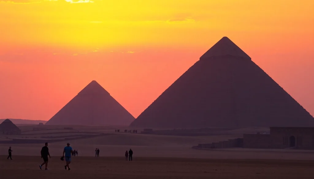 Pyraminds at sunset, showcasing majestic pyramids with tourists in the foreground.