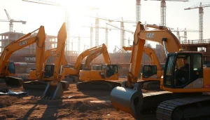Rent excavators efficiently at a bustling construction site, showcasing various models in action.