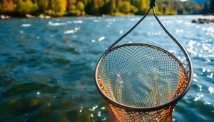 Catch a fish effortlessly with this elegant fly fishing net against a scenic background.