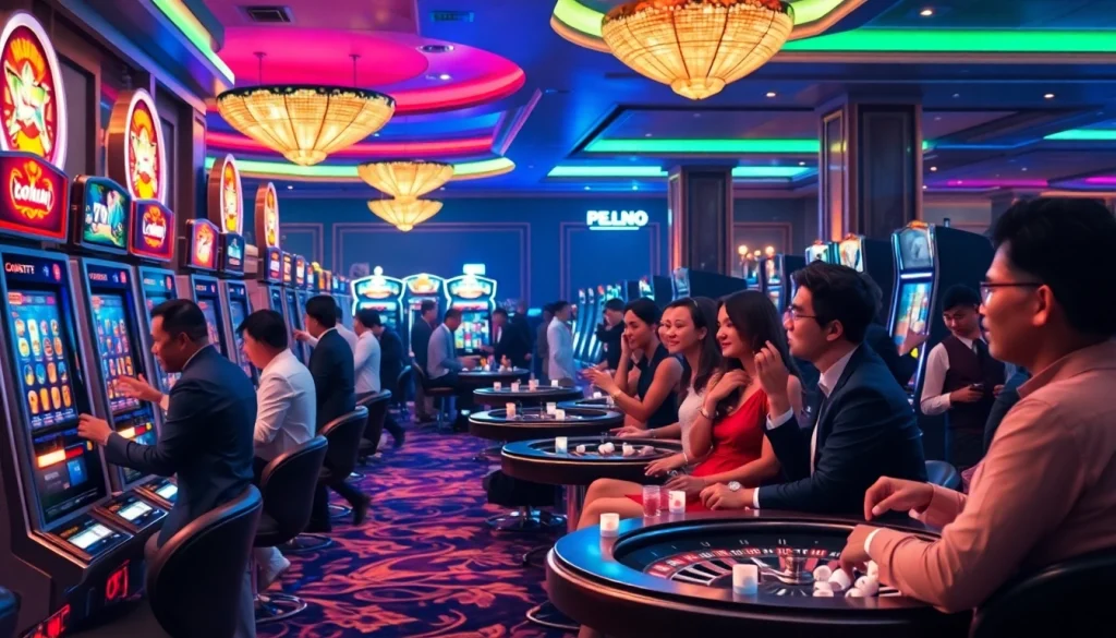 Players enjoying slot gacor hari ini at a luxurious casino with vibrant machines and tables.
