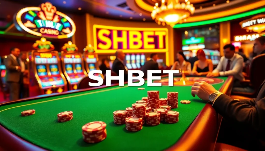 Play thrilling casino games at SHBET, showcasing poker chips and a roulette wheel.