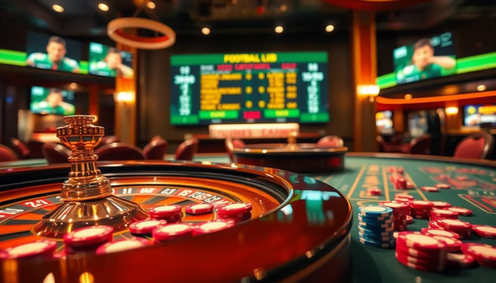 Experience thrilling kết quả các trận bóng đá at a luxurious casino with a digital scoreboard and roulette wheel.