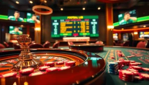 Experience thrilling kết quả các trận bóng đá at a luxurious casino with a digital scoreboard and roulette wheel.