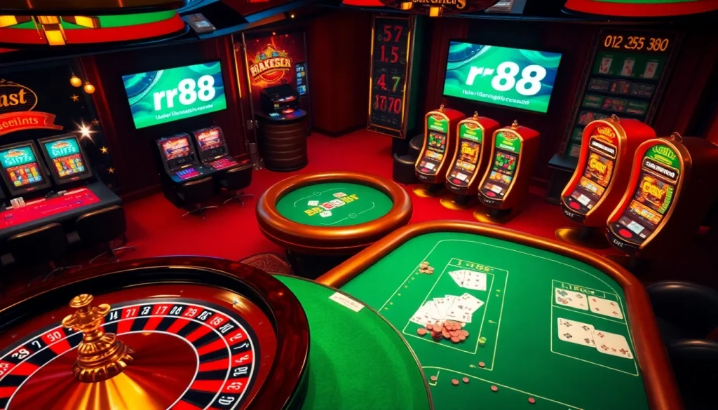 An engaging casino scene highlighting the rr88 link with roulette wheels, poker tables, and vibrant slot machines.