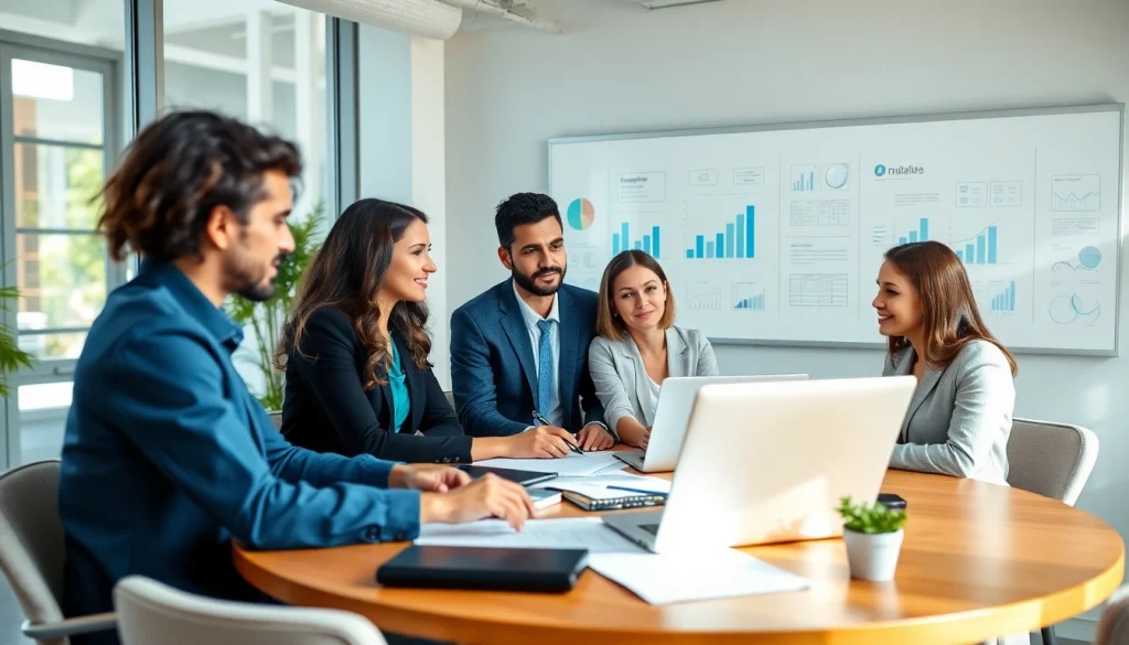 Engaging session on business growth insights with professionals collaborating in a modern office.