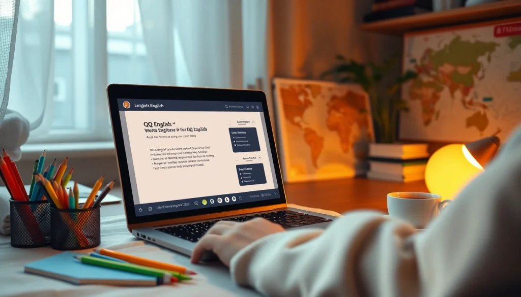 QQイングリッシュ 口コミを特徴とする魅力的な学習スペース。英語レッスンを表示したノートパソコン、紅茶、学習資料。