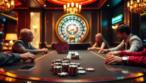 Players strategizing their moves at a poker table, showcasing the excitement of gambling with 388bet poker chips and cards.