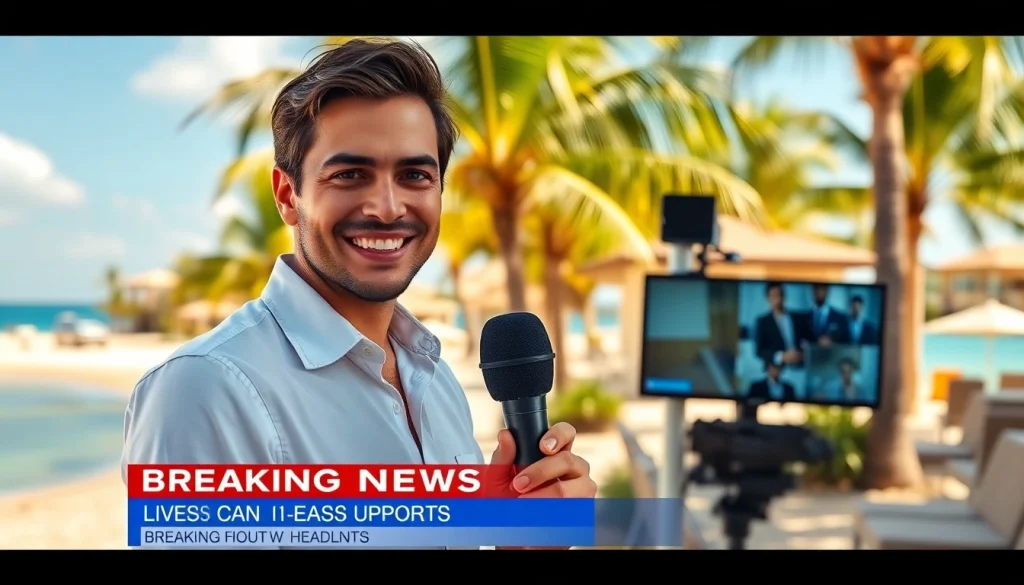 South Florida Reporter interviewing at the beach with vibrant scenery and engaging atmosphere.